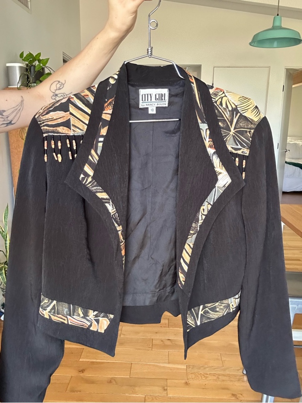 Vintage “City Girl” Black Cropped Jacket with Tropical Trim